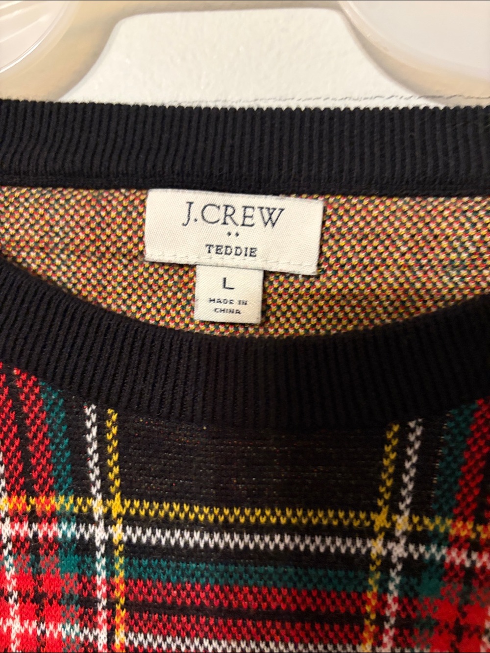 J. Crew: Teddie: Red and Black/yellow/green Plaid Crewneck Sweater. ๐ฏ cotton. L - Picture 2 of 6